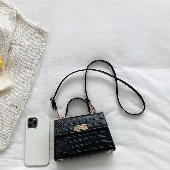 Black Elegant Women's Lightweight Twist Lock Flap Square Bag - Picture 6 of 10